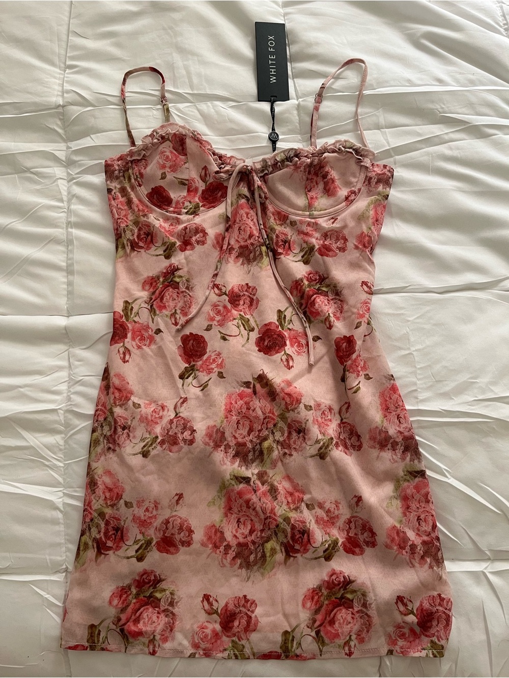 NWT White Fox Pink Floral Ruffle Tie Mini Dress Size M